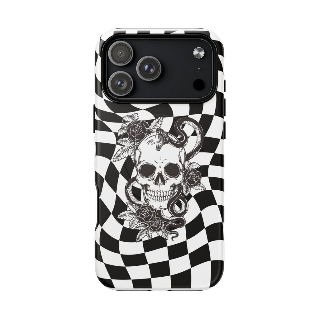 Phone Case — Black & White Checkered Skull Magnetic Tough Case