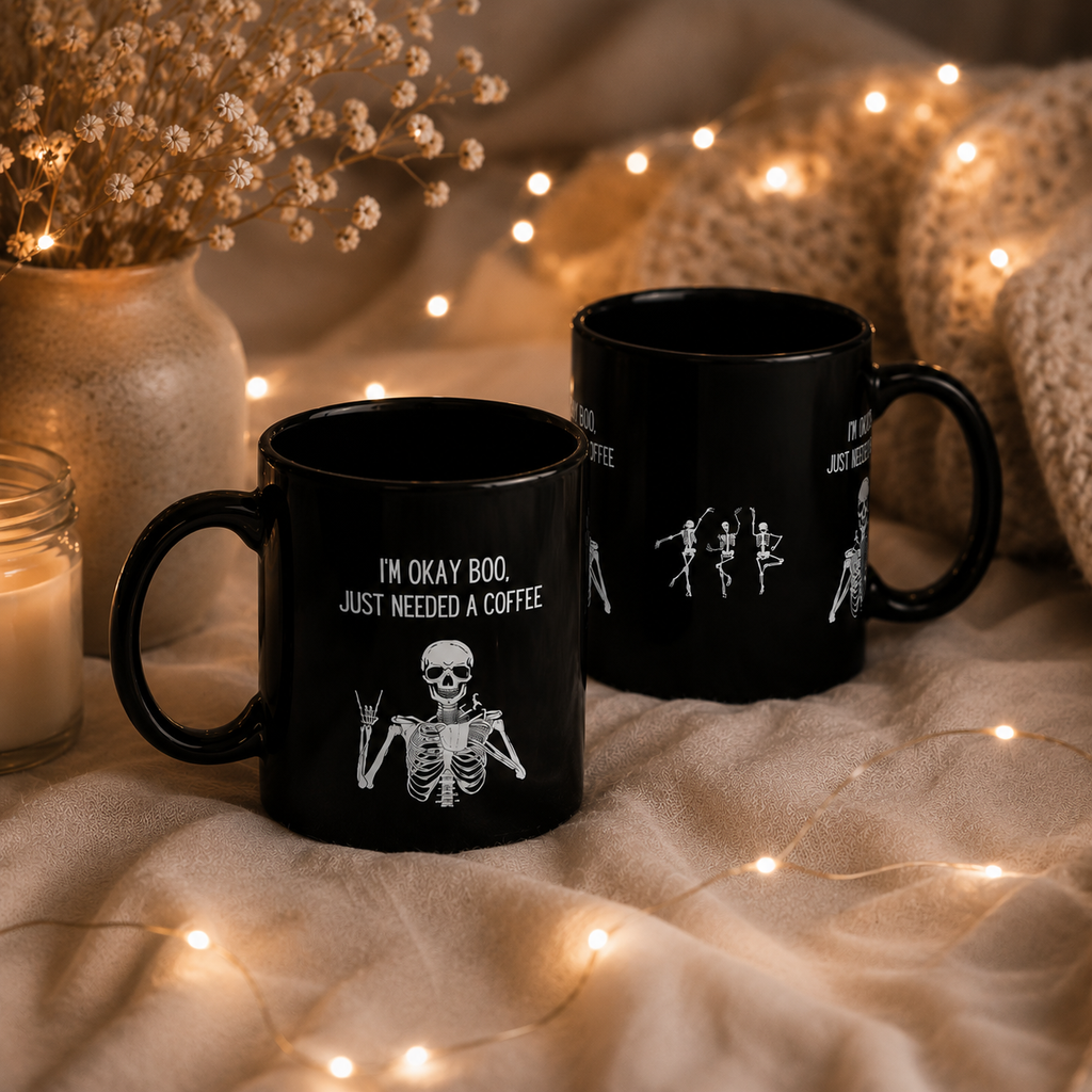 "I'm Okay Boo, Just Needed A Coffee" Black Ceramic SkelletonMug 11oz