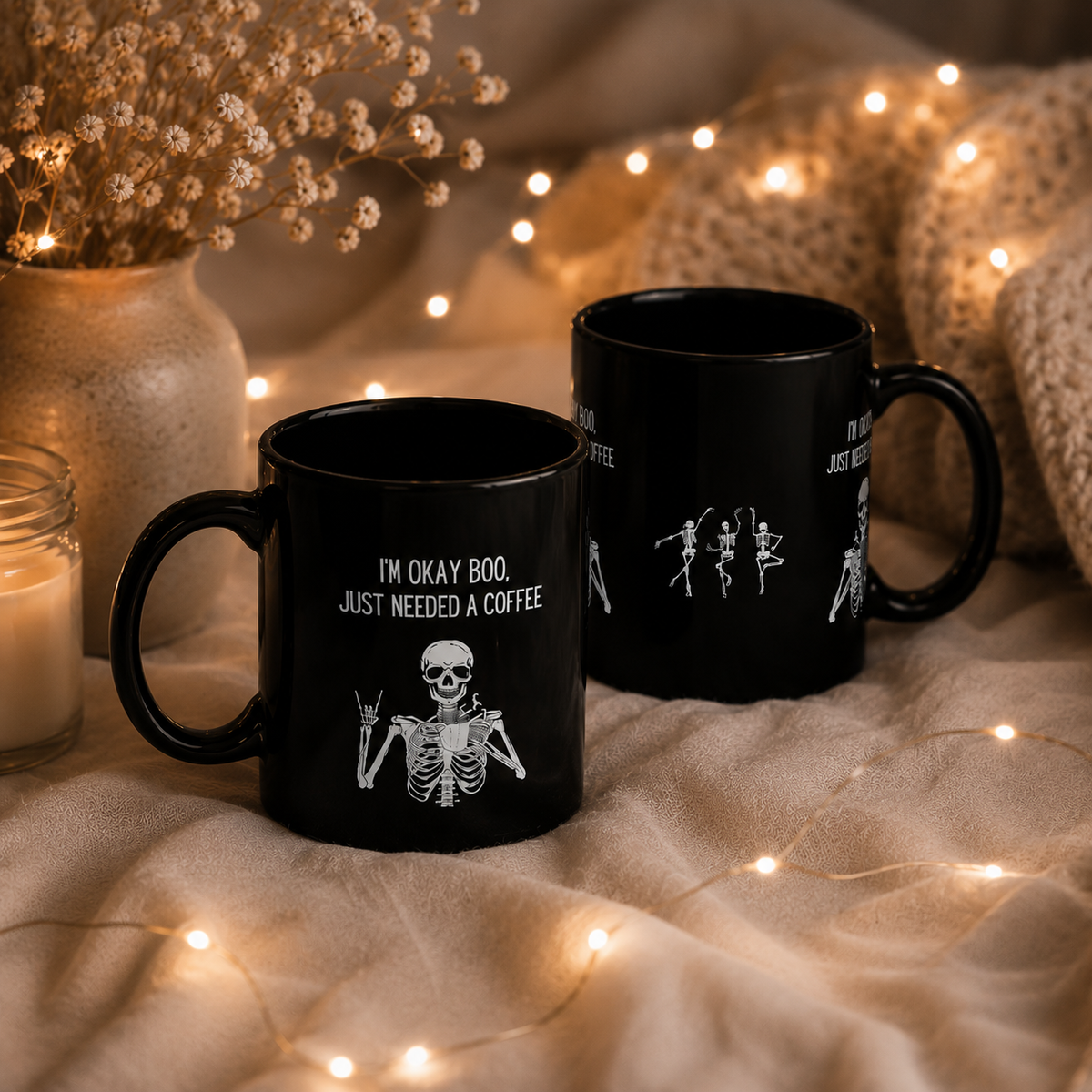 "I'm Okay Boo, Just Needed A Coffee" Black Ceramic SkelletonMug 11oz