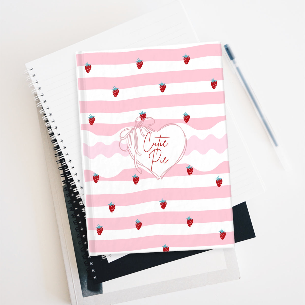 Cute Pie Strawberry Pattern Journal — Pink Striped Notebook for Teens & Kids