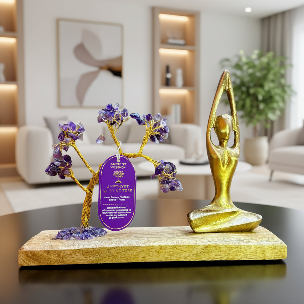 Gemstone Yoga Garden - Sukhasana Pose - Amethyst - Tilted Tree - 100 chipstones