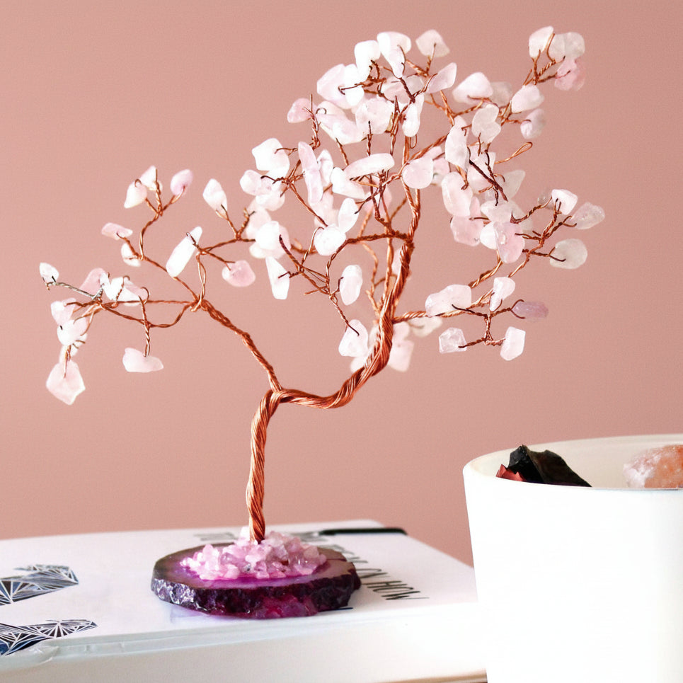 Lrg Gemstone Tree - Rose Quartz on Pink Agate Base (100 stones)