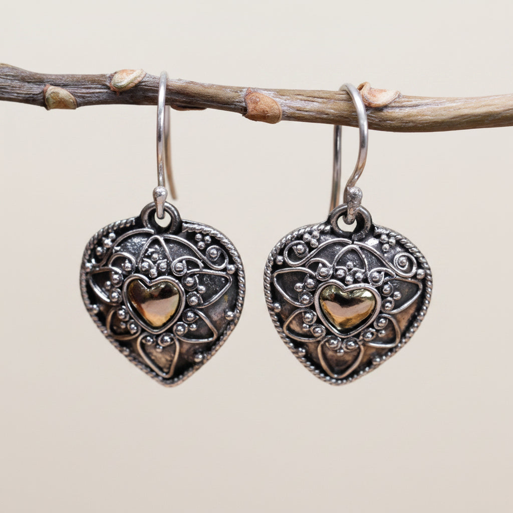 Silver & Gold Earring - Mandala Hearts