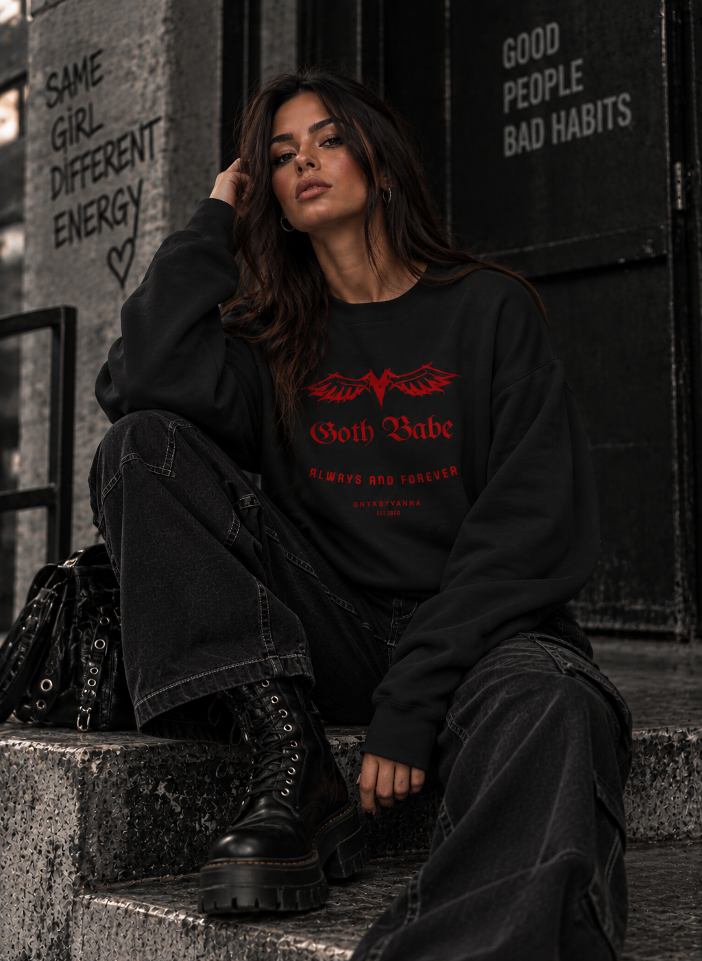 "Goth Babe" Champion Sweatshirt – Red Winged Graphic Crewneck